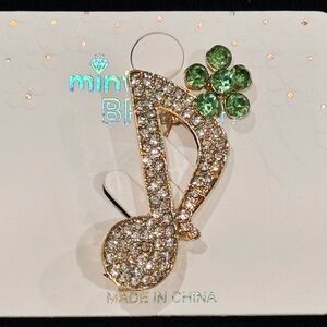NWT Mint Rhinestone Music Note & Flower Brooch Pin Green